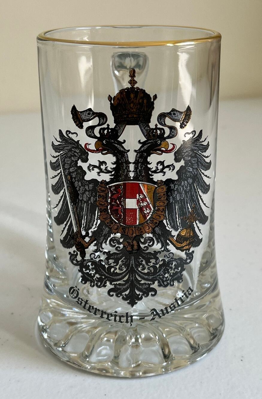 Vintage Österreich Austria Coat of Arms Glass Beer Stein Gold Rim Oktoberfest